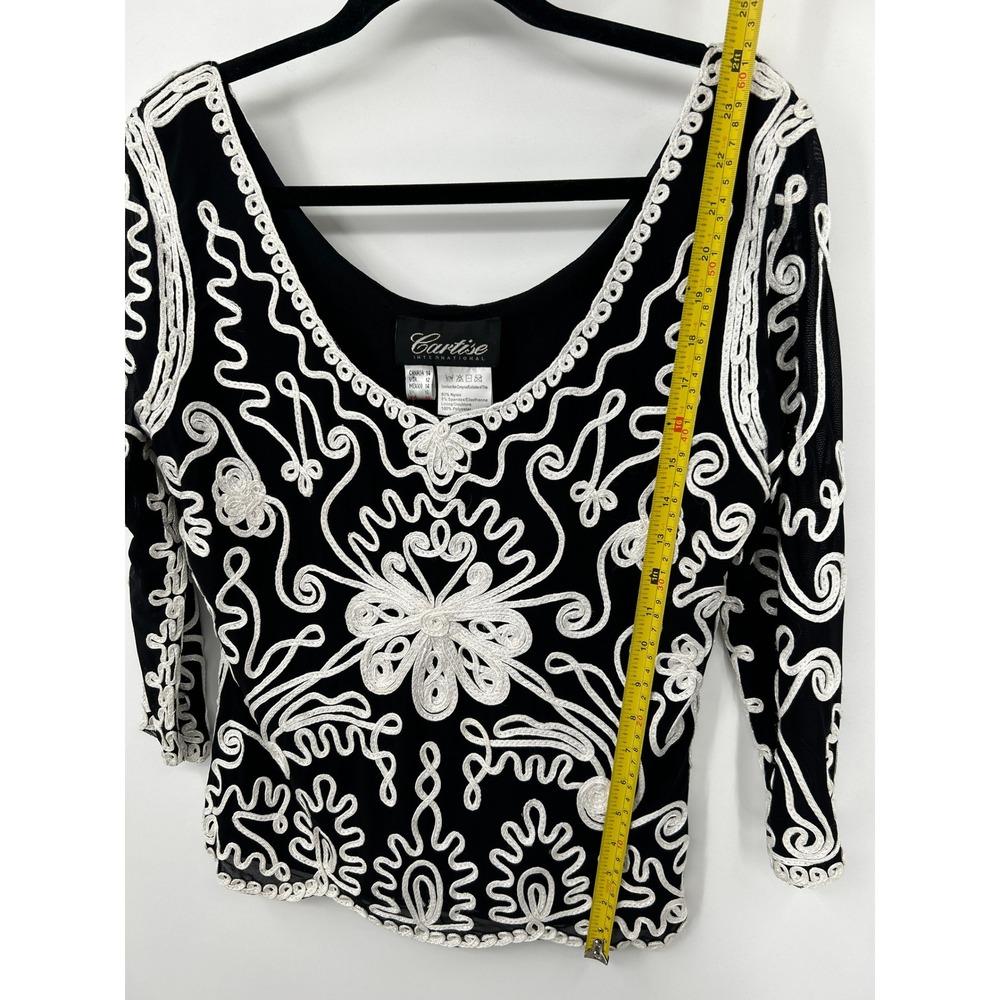 Cartise International Black White Soutache Embroidered Mesh Top V-Neck Size 12 - Picture 9 of 15